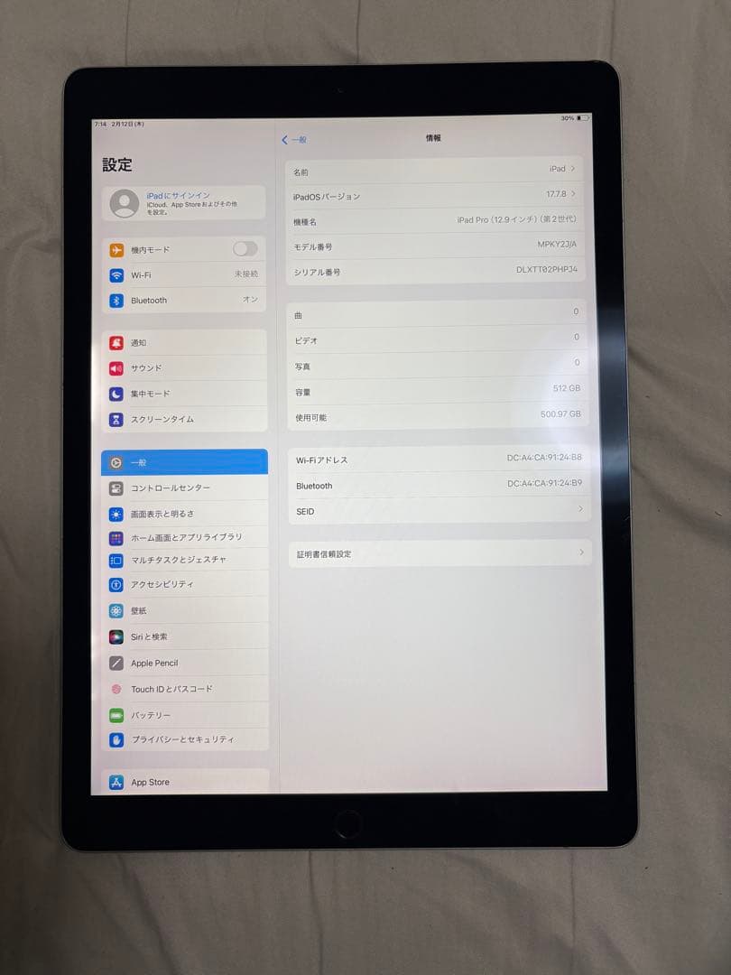 Apple iPad pro 10.5 64gb バテッリー容量100%