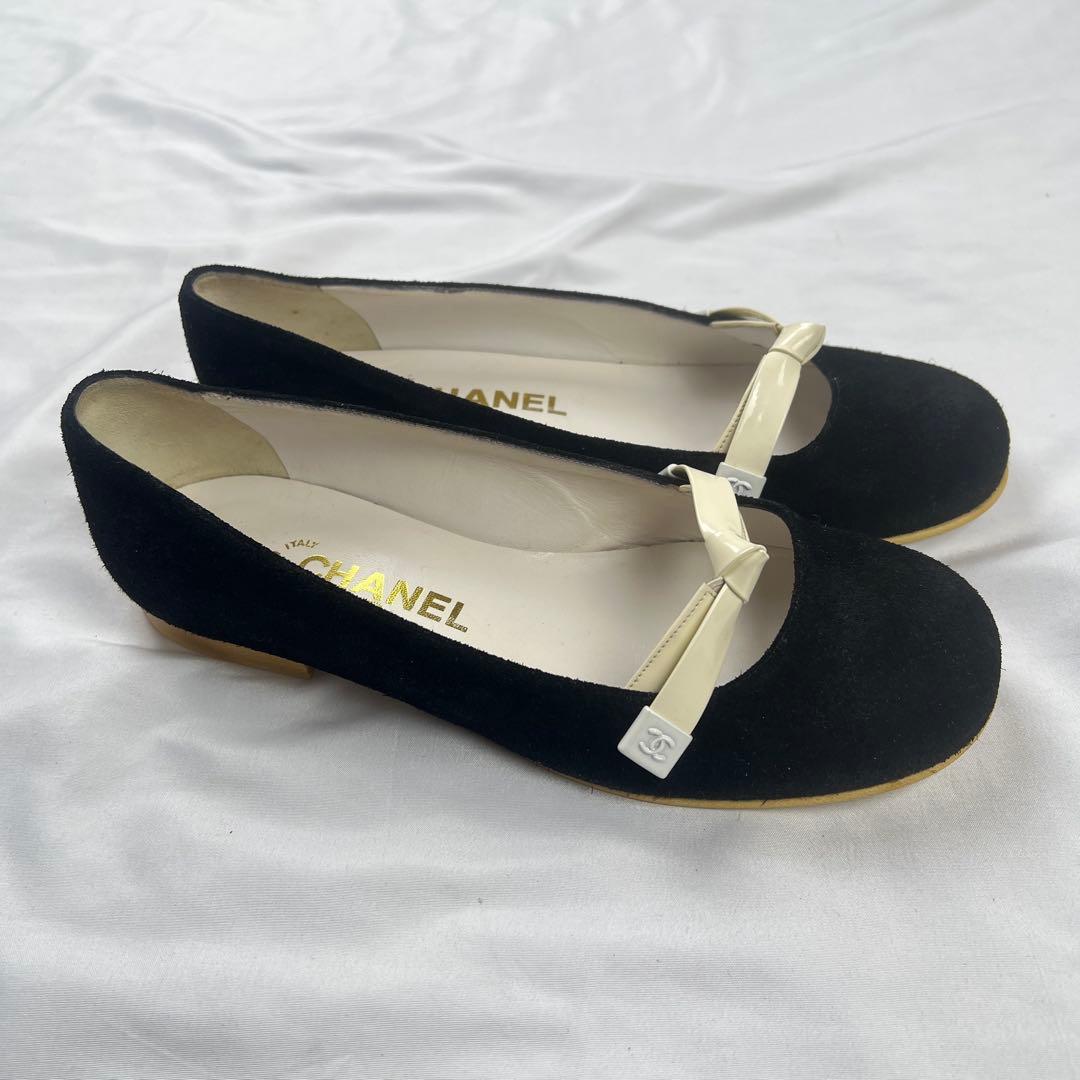 靴 CHANEL mary jane flat shoes black white