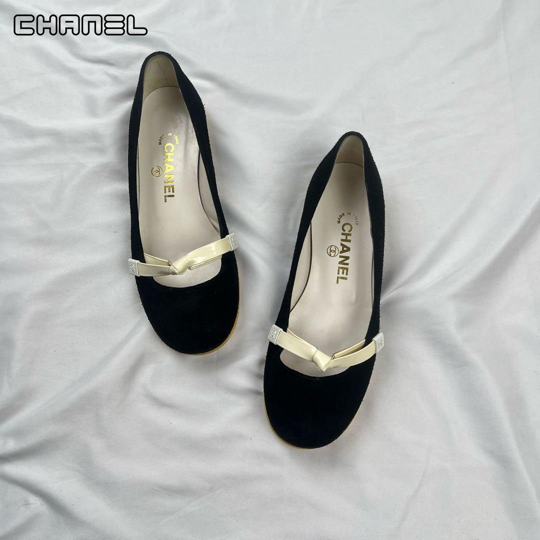 靴 CHANEL mary jane flat shoes black white