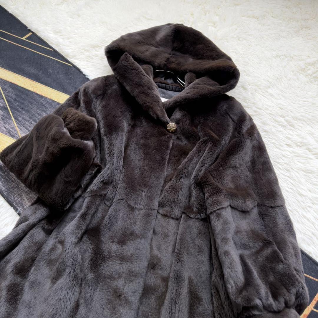 着丈104/激レアデザイン◎ ティアード/フード ロングファーコート 毛皮 XL