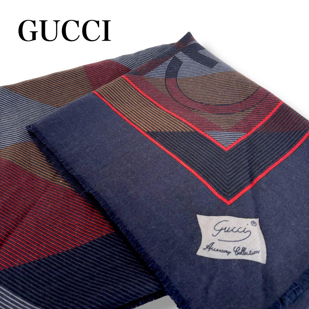 GUCCI グッチ ヴィンテージ 大盤ストール ショール マフラー ネイビー