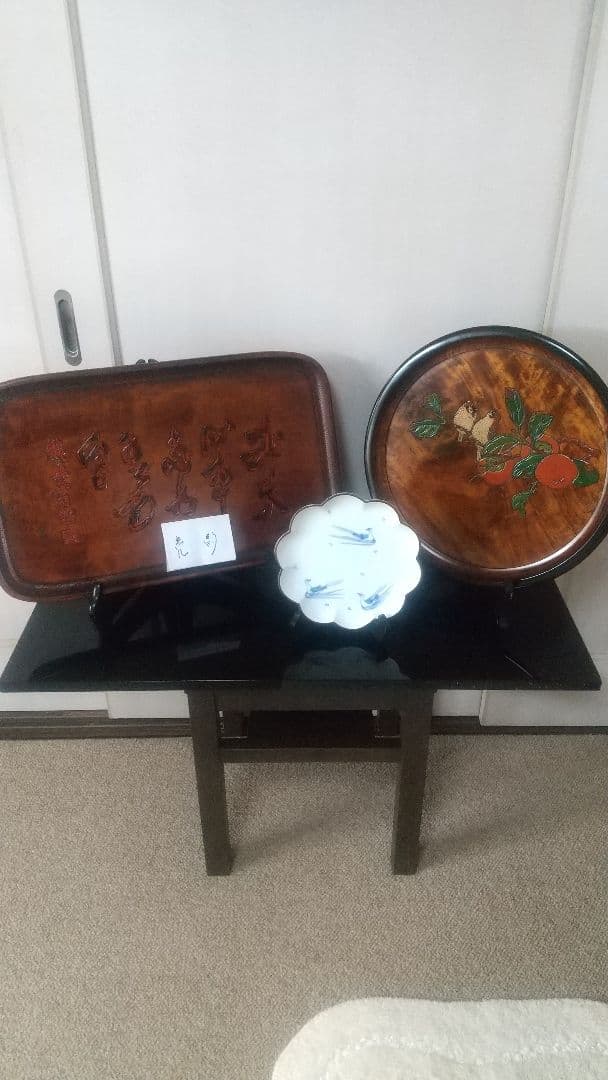 岡山県烏城彫手彫り作品。 100歳祝いのお盆 宮内庁御用達14代辻常陸作みず鳥皿