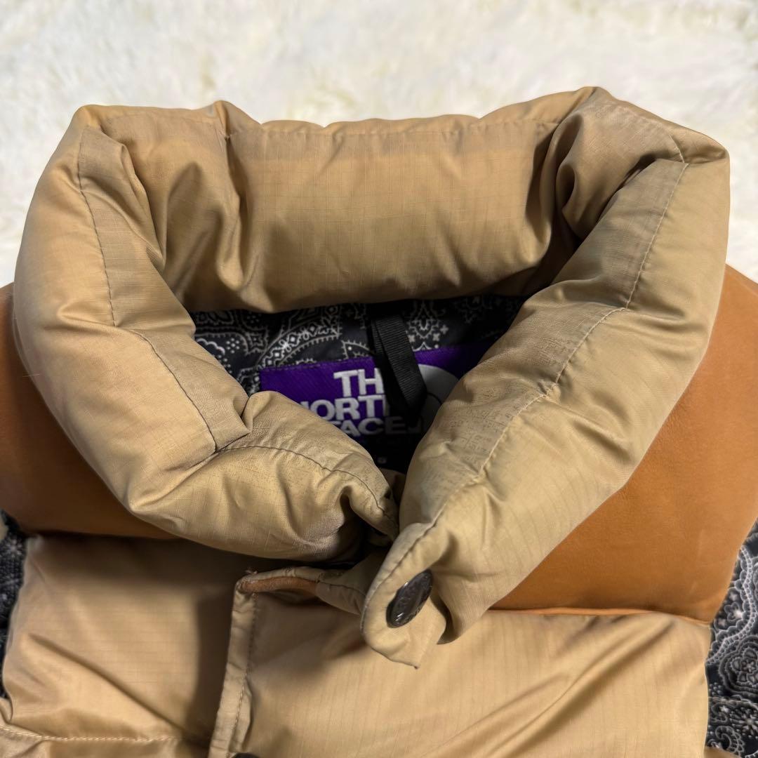 【希少】ノースフェイス パープルレーベル ダウンベスト レザー切替 ペイズリー柄