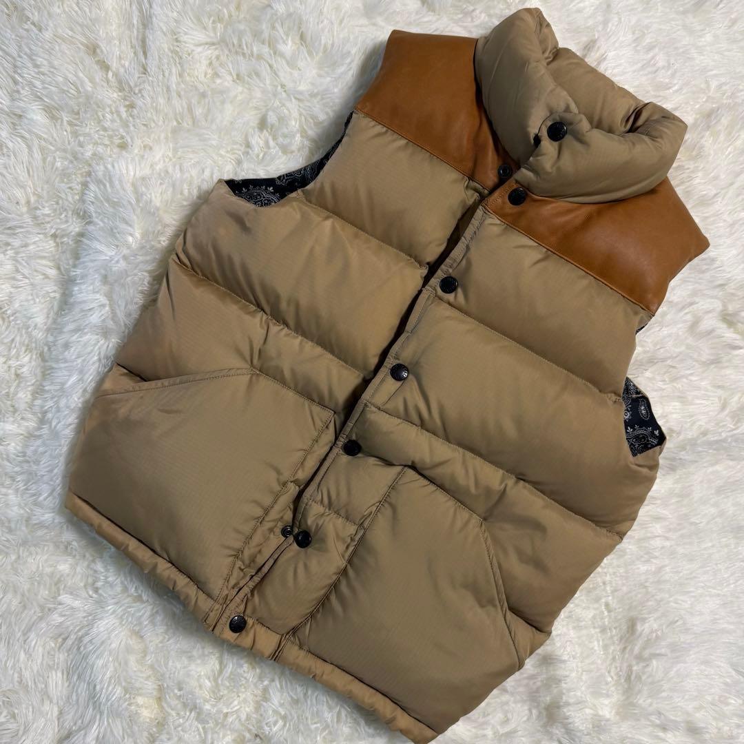 【希少】ノースフェイス パープルレーベル ダウンベスト レザー切替 ペイズリー柄