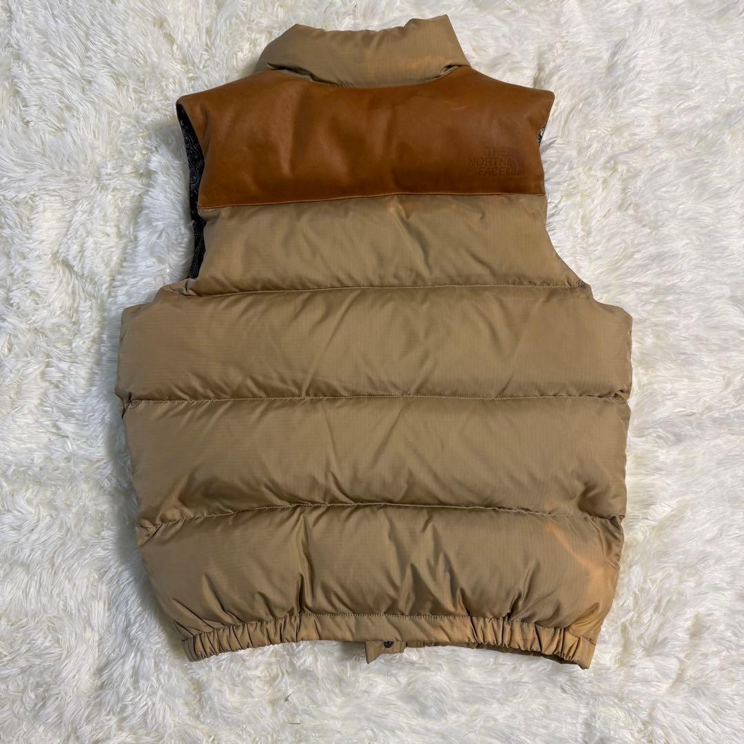 【希少】ノースフェイス パープルレーベル ダウンベスト レザー切替 ペイズリー柄