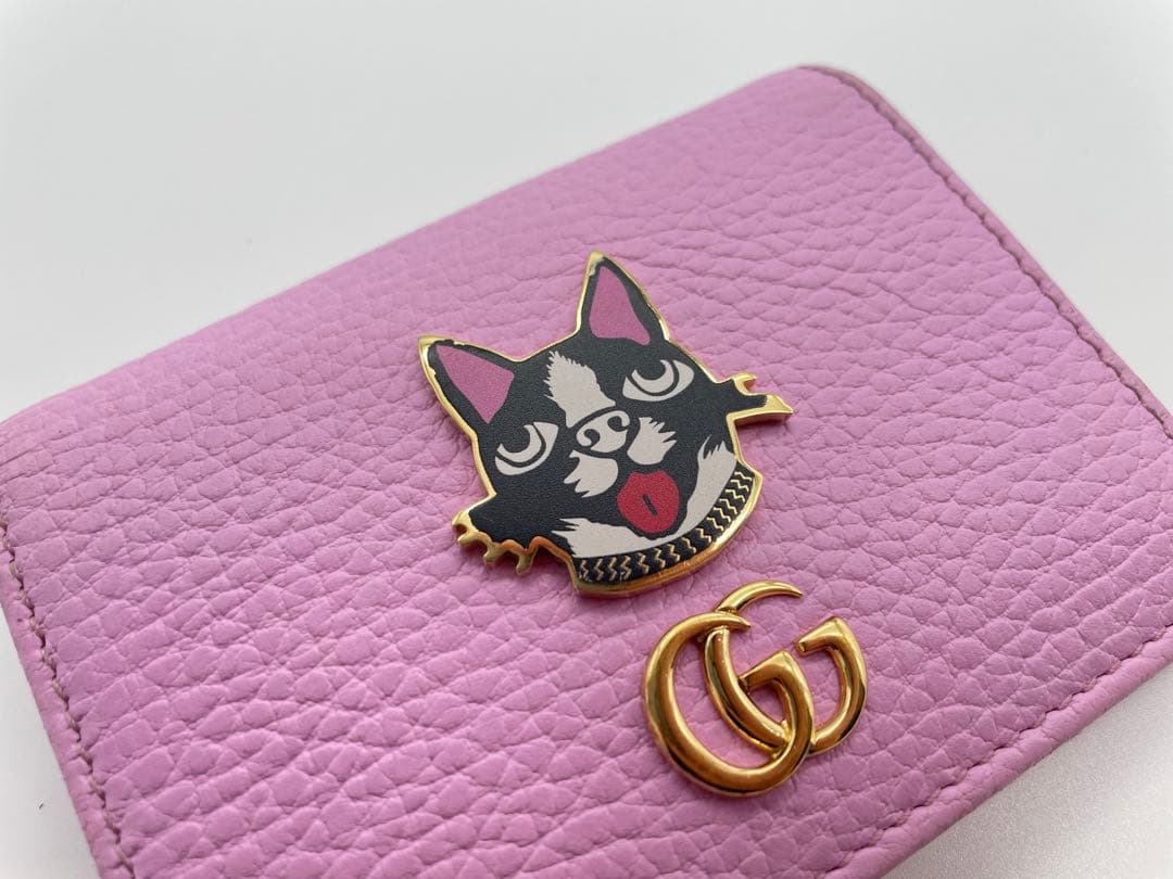 GUCCI 限定 GGマーモント ボスコ レザー 二つ折り財布 ピンク 美品 犬