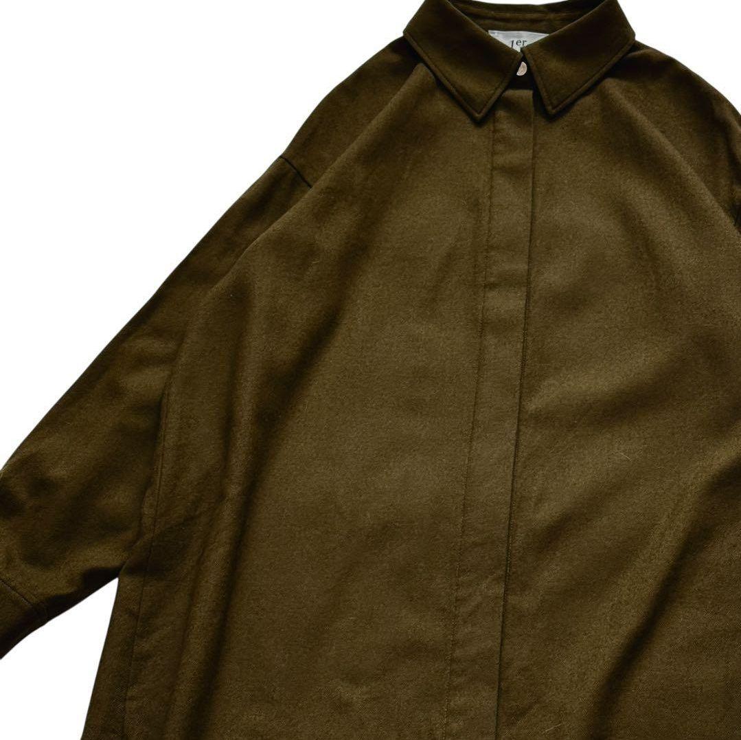 プルミエアロンディスモン サキソニーワンピース カーキブラウン ロング　シャツ