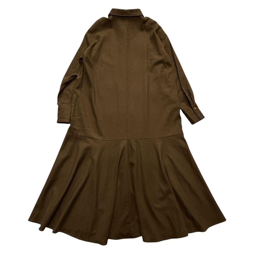 プルミエアロンディスモン サキソニーワンピース カーキブラウン ロング　シャツ