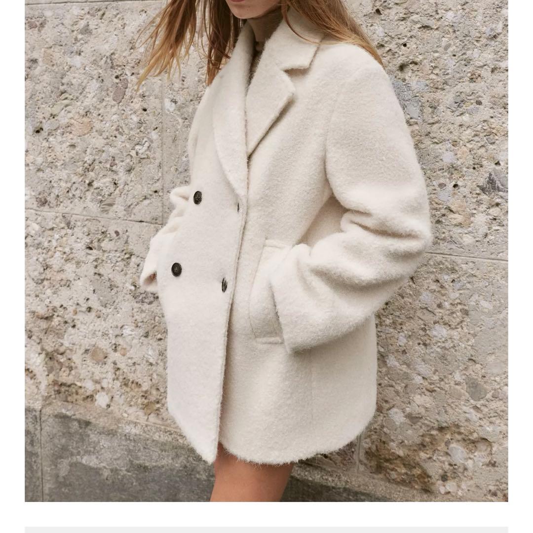 新品タグ付き ZARA ブークレダブルブレストミディ丈コート M