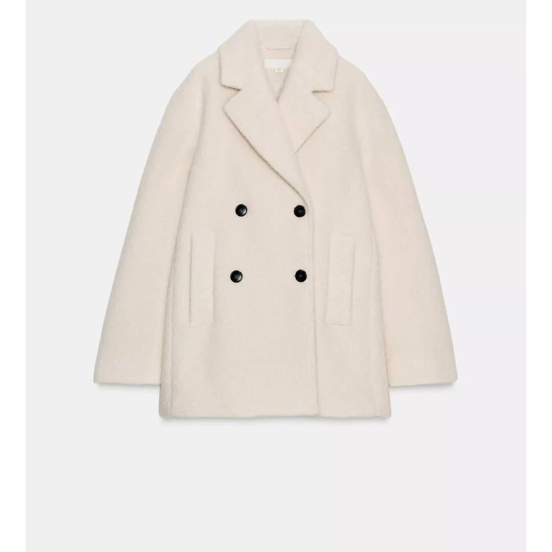 新品タグ付き ZARA ブークレダブルブレストミディ丈コート M