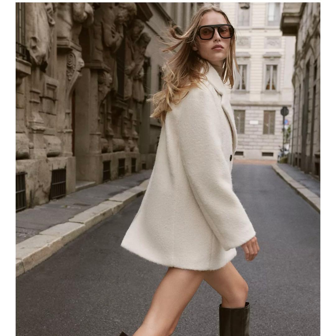 新品タグ付き ZARA ブークレダブルブレストミディ丈コート M