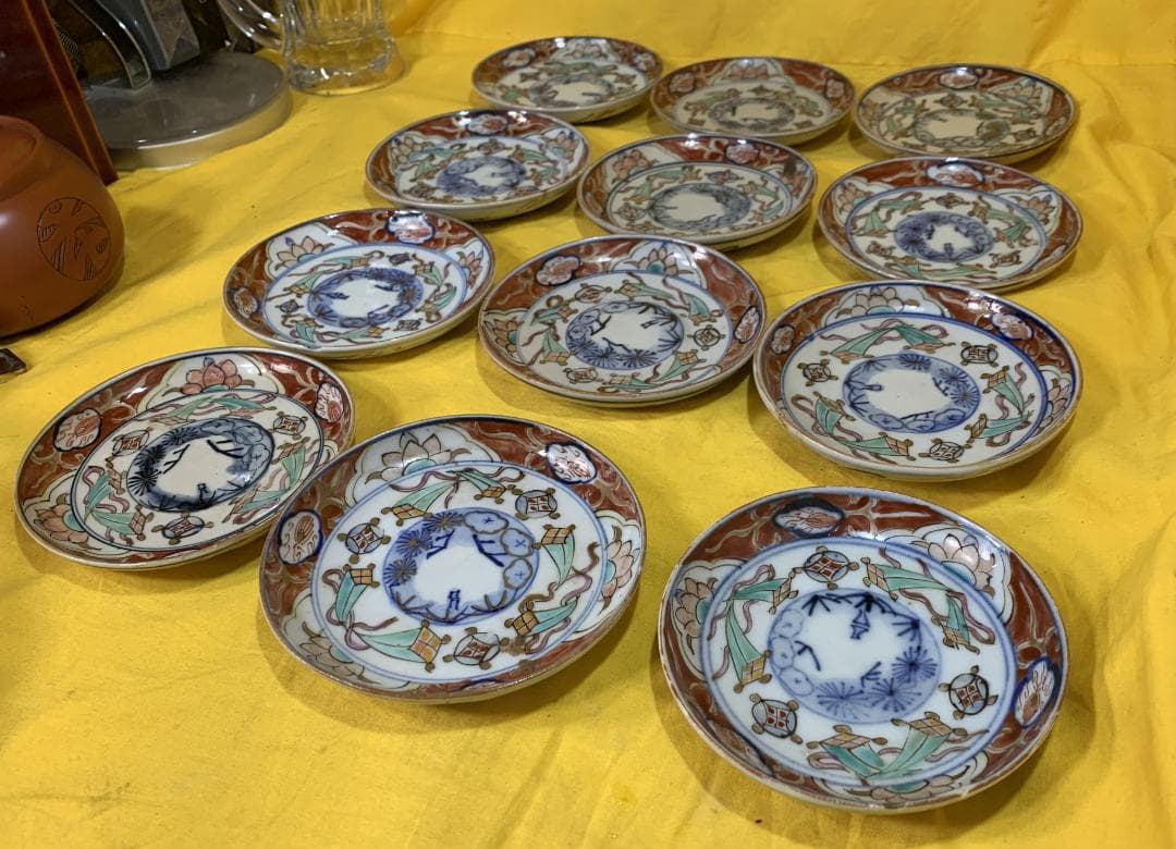 蔵出し!! 古伊万里 錦手 色絵小皿 松竹梅模様 江戸期? 12客 現状品!!