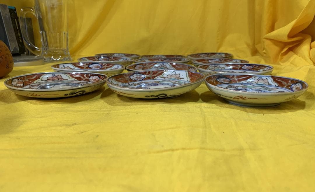 蔵出し!! 古伊万里 錦手 色絵小皿 松竹梅模様 江戸期? 12客 現状品!!