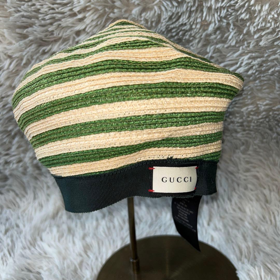 【美品】GUCCI アレッサンドロミケーレ ヘンプ ベレー帽 グリーンストライプ