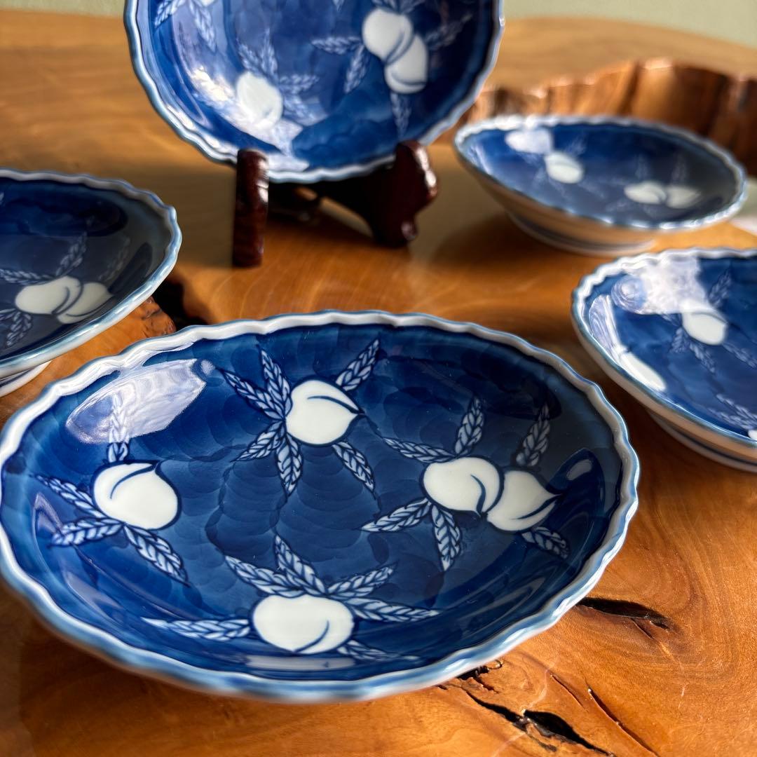 染濃桃散し 源右衛門窯 小皿 5枚組 共箱