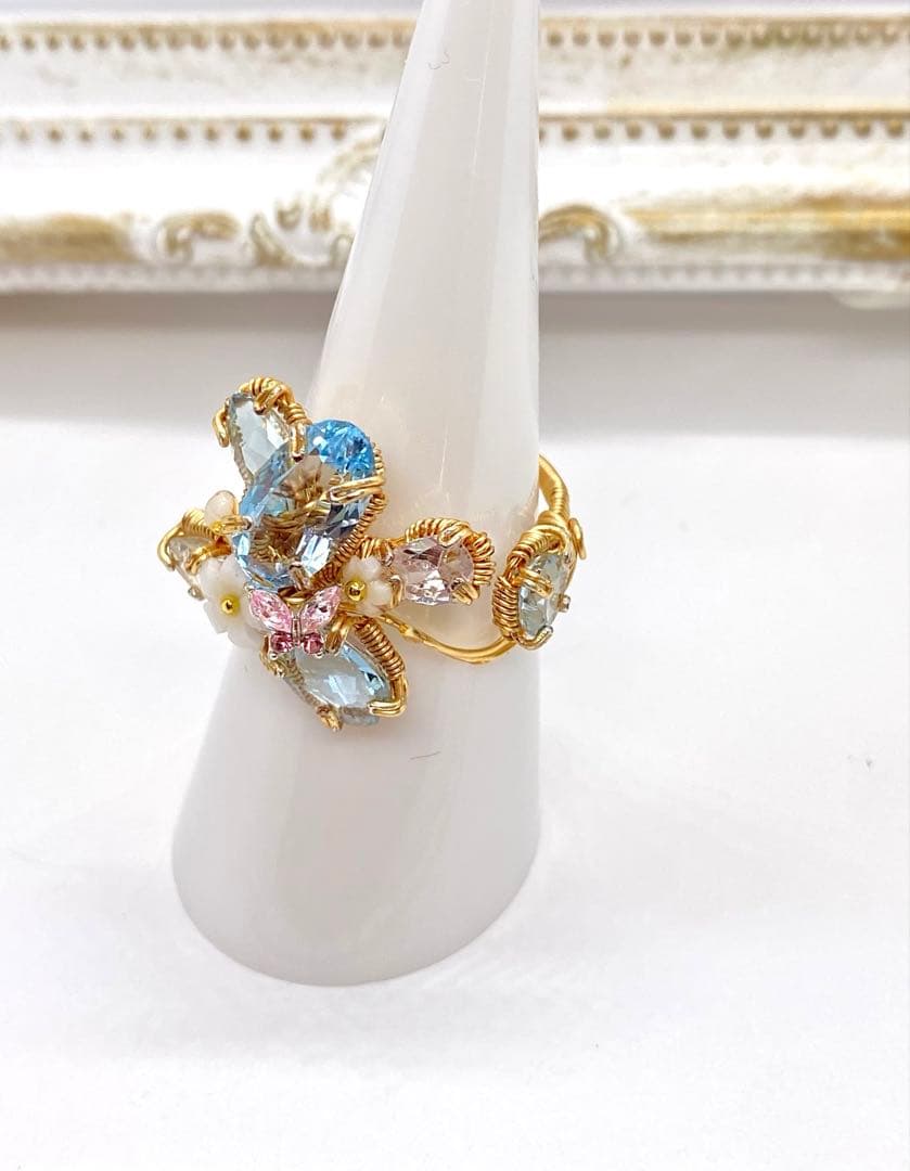 ブルートパーズ ワイヤーアートリング 10kgf ハンドメイド新作 14〜15号