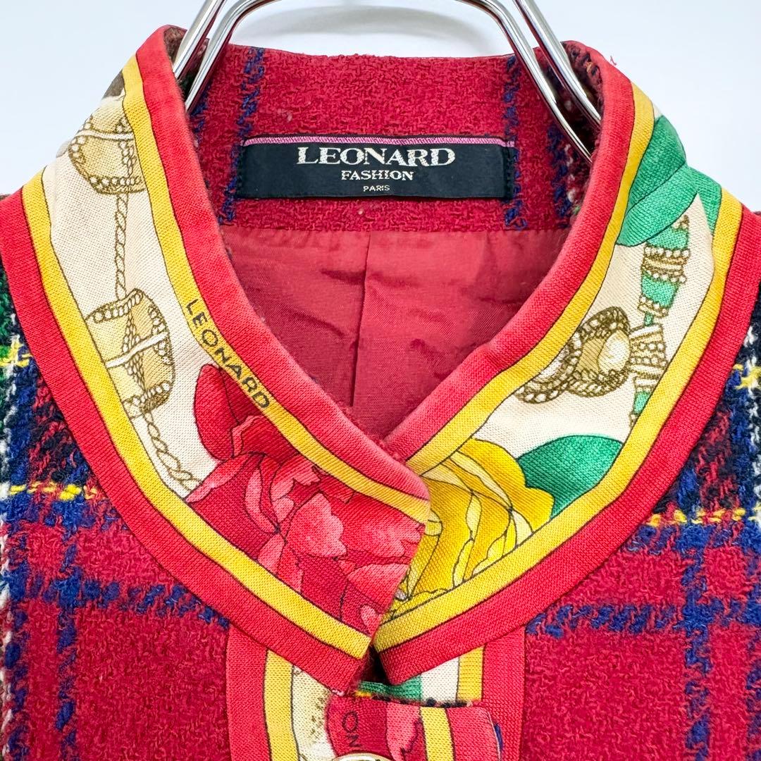 レオナール　ノーカラージャケット 赤・緑・青 チェック柄　M相当