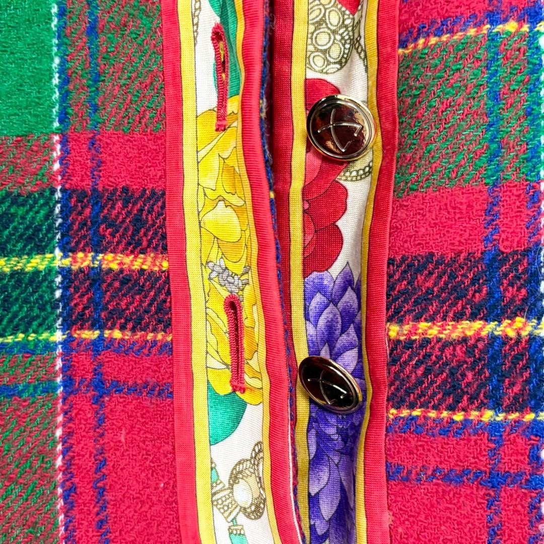 レオナール　ノーカラージャケット 赤・緑・青 チェック柄　M相当