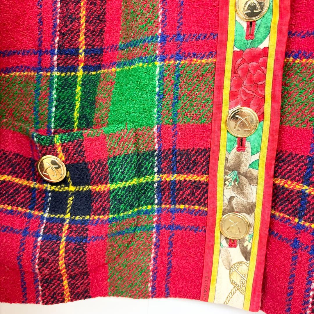 レオナール　ノーカラージャケット 赤・緑・青 チェック柄　M相当