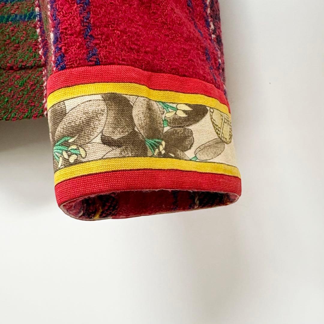 レオナール　ノーカラージャケット 赤・緑・青 チェック柄　M相当