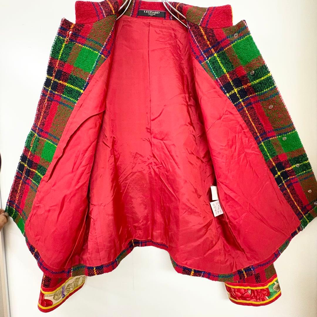 レオナール　ノーカラージャケット 赤・緑・青 チェック柄　M相当