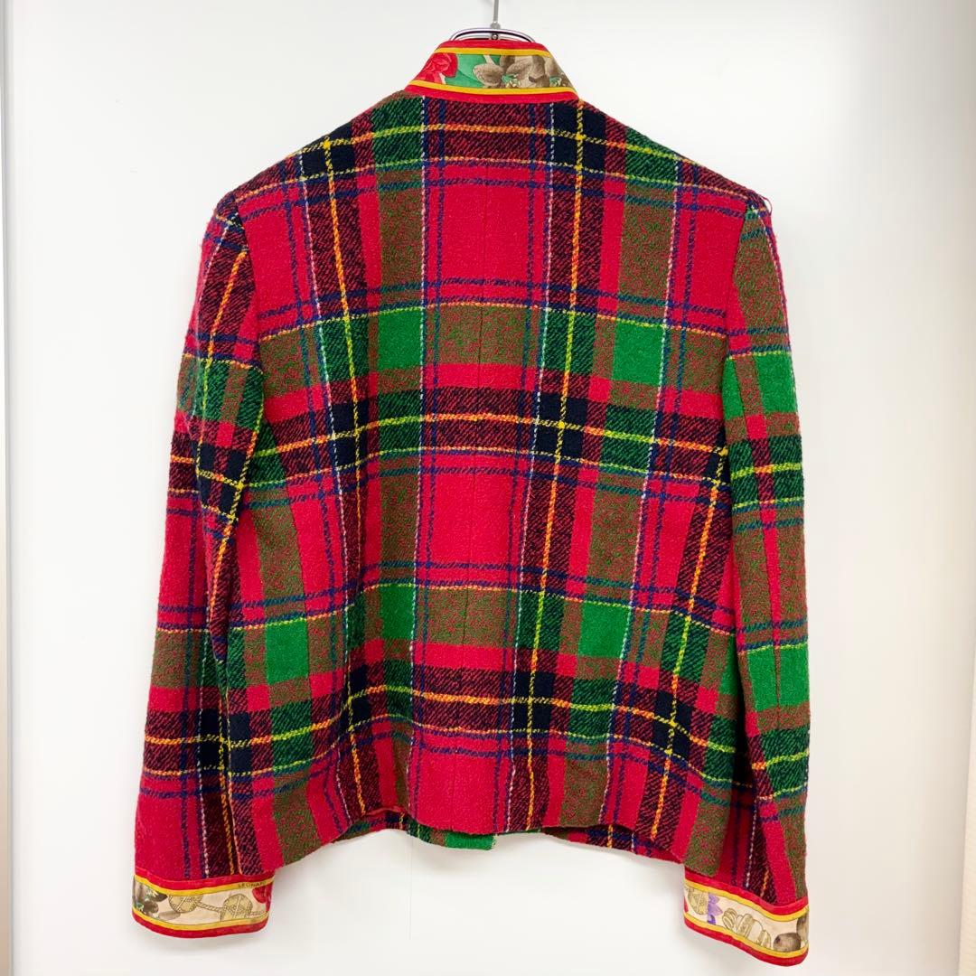 レオナール　ノーカラージャケット 赤・緑・青 チェック柄　M相当