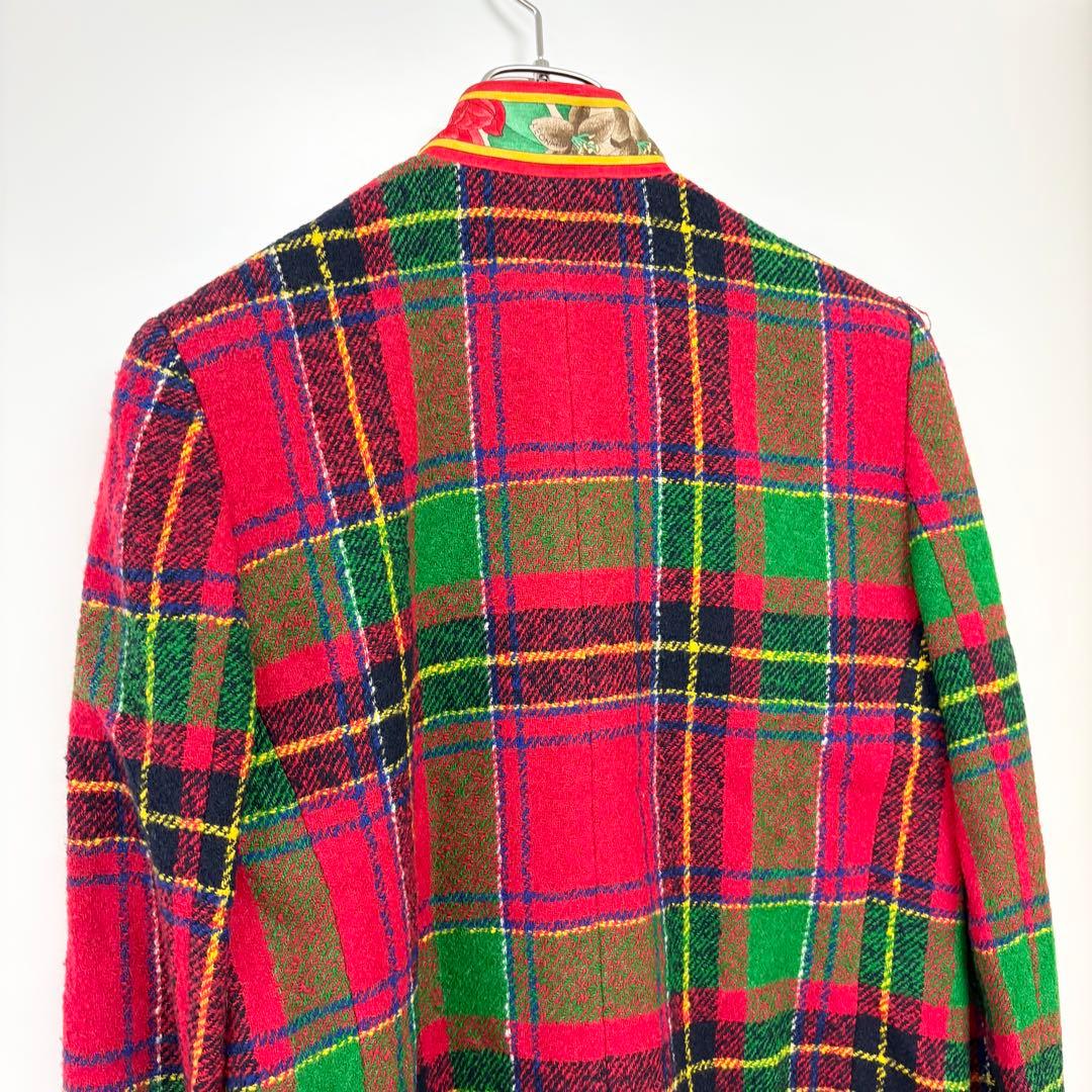 レオナール　ノーカラージャケット 赤・緑・青 チェック柄　M相当