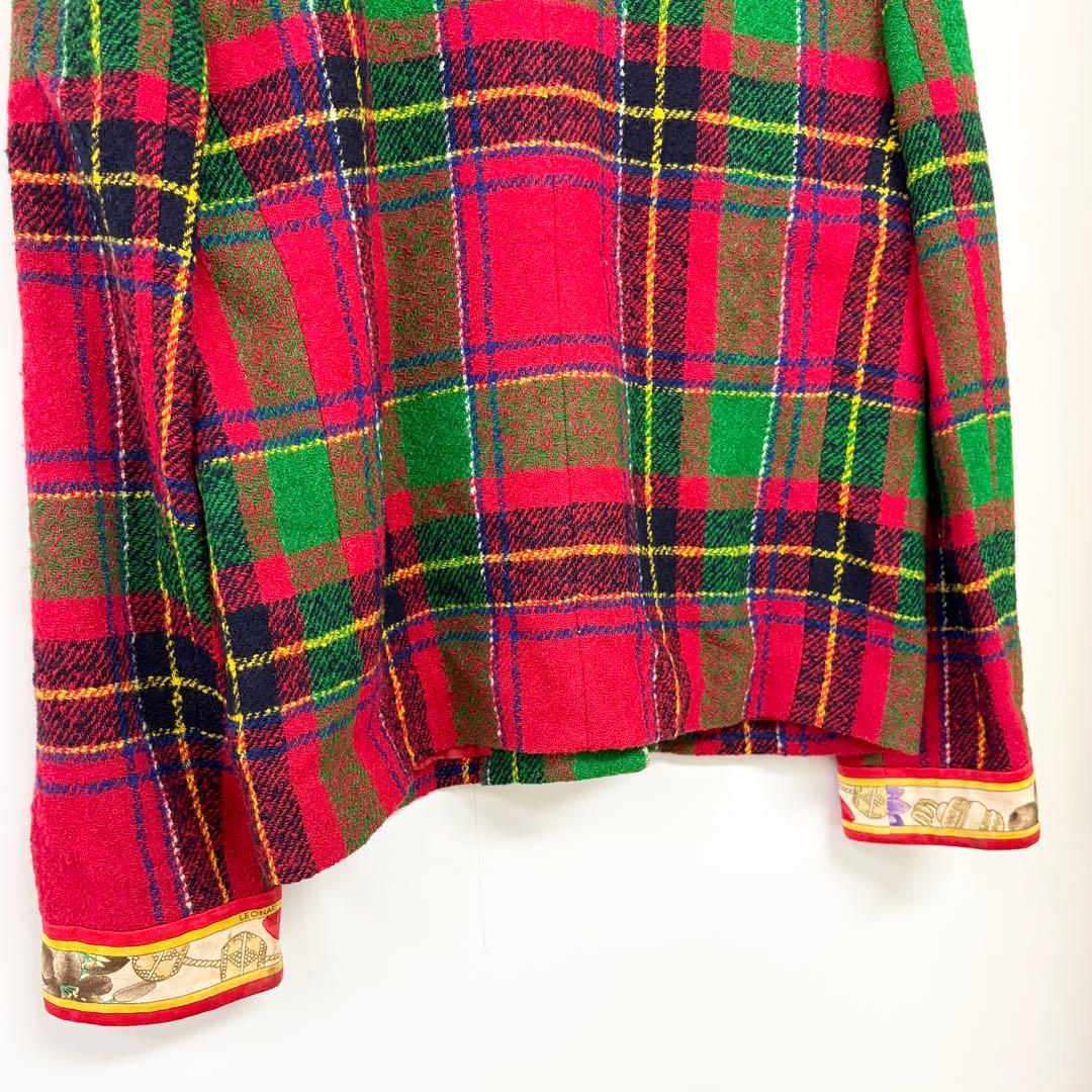 レオナール　ノーカラージャケット 赤・緑・青 チェック柄　M相当
