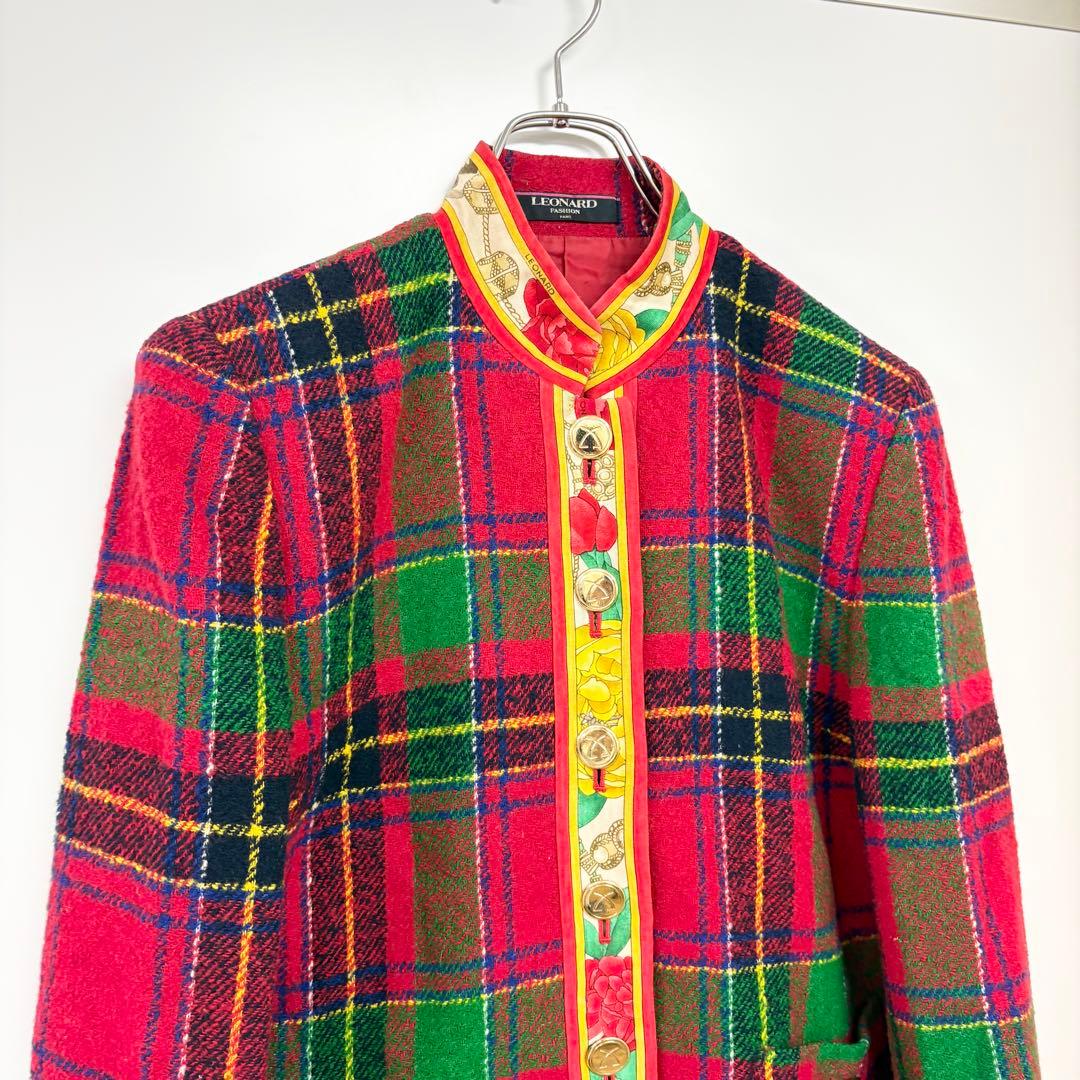 レオナール　ノーカラージャケット 赤・緑・青 チェック柄　M相当