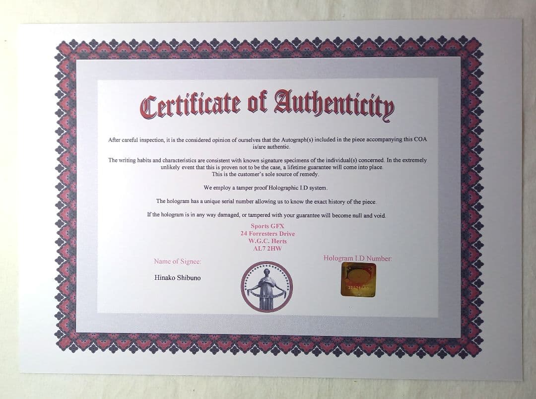[最終価格][鑑定済]渋野日向子　直筆サインフォト　証明書付