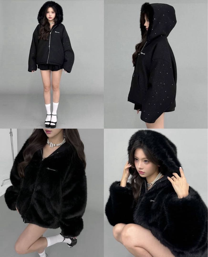 ジャケット・アウター andwang Kirakira 2way fur zip up black
