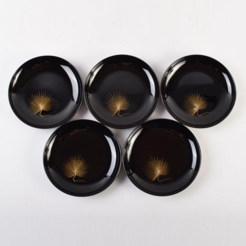 輪島塗　大向高洲堂　黒漆　飛松沈金　銘々皿　五客　共箱　N　8969