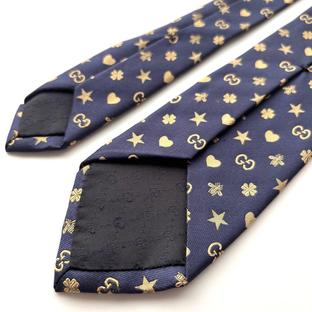 ꧁美品꧂ グッチ ネクタイ ナロータイ GG柄 スター ハート ハチ ネイビー