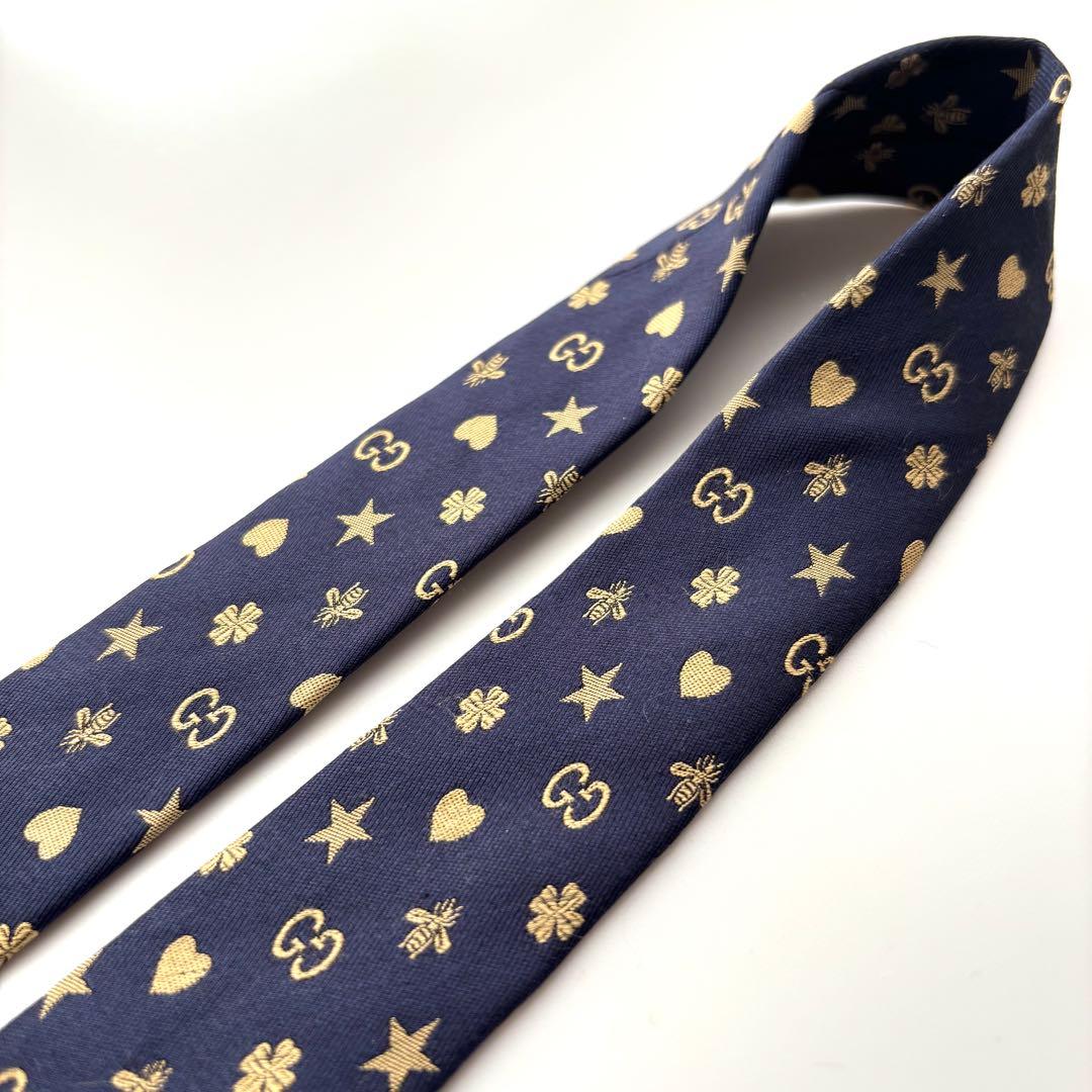 ꧁美品꧂ グッチ ネクタイ ナロータイ GG柄 スター ハート ハチ ネイビー