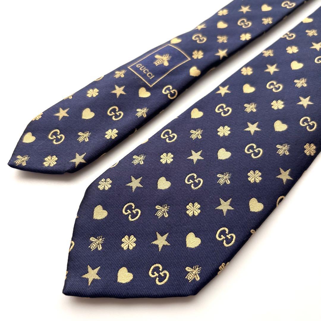 ꧁美品꧂ グッチ ネクタイ ナロータイ GG柄 スター ハート ハチ ネイビー
