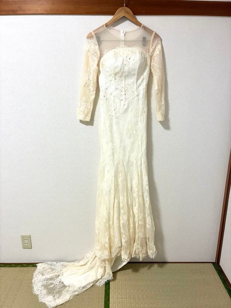❤️前撮りに❤️レース長袖 マーメイド風 ウェディングドレス トレーン付 M