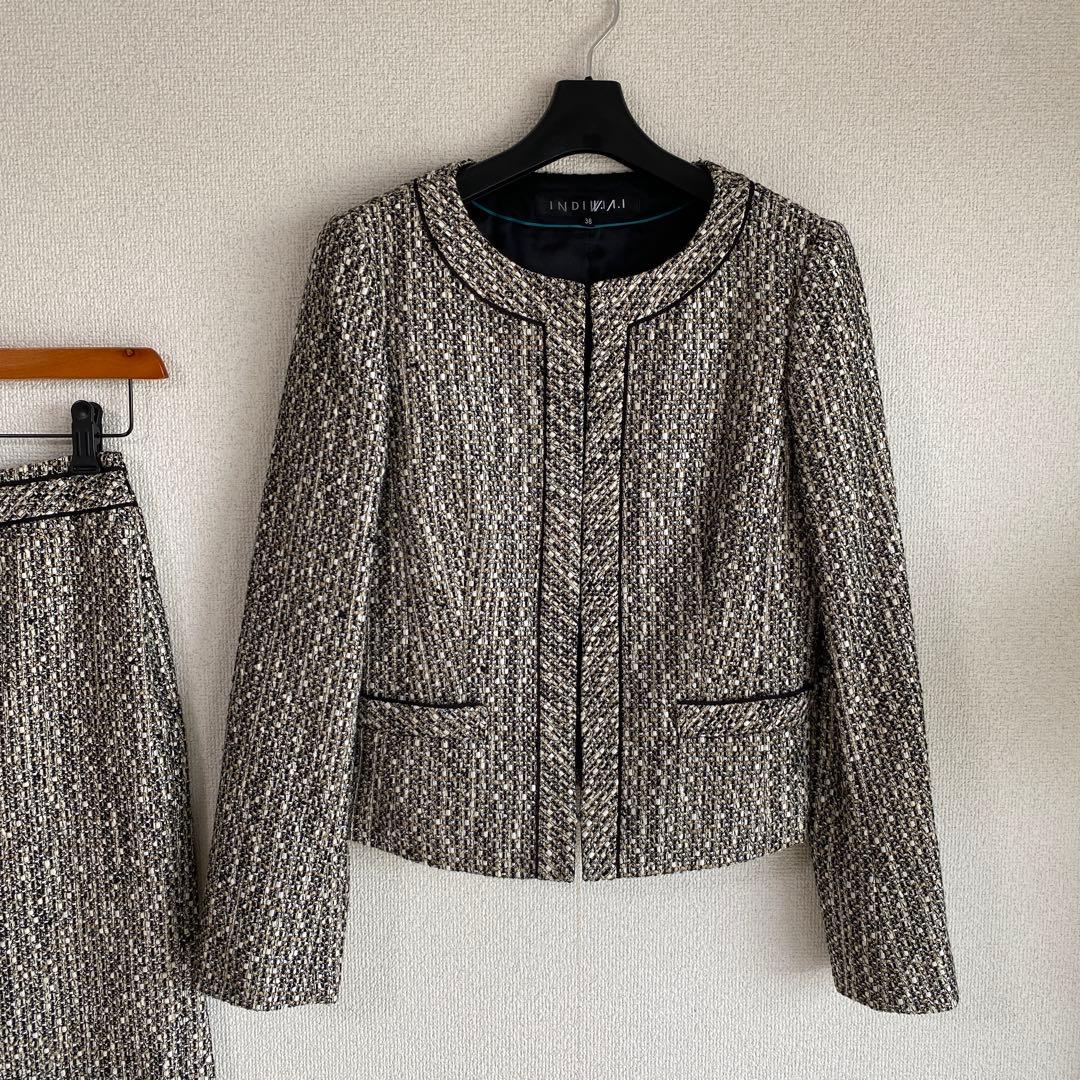 インディヴィ ツイード 秋冬 ノーカラー スーツ 38 W66 DMW
