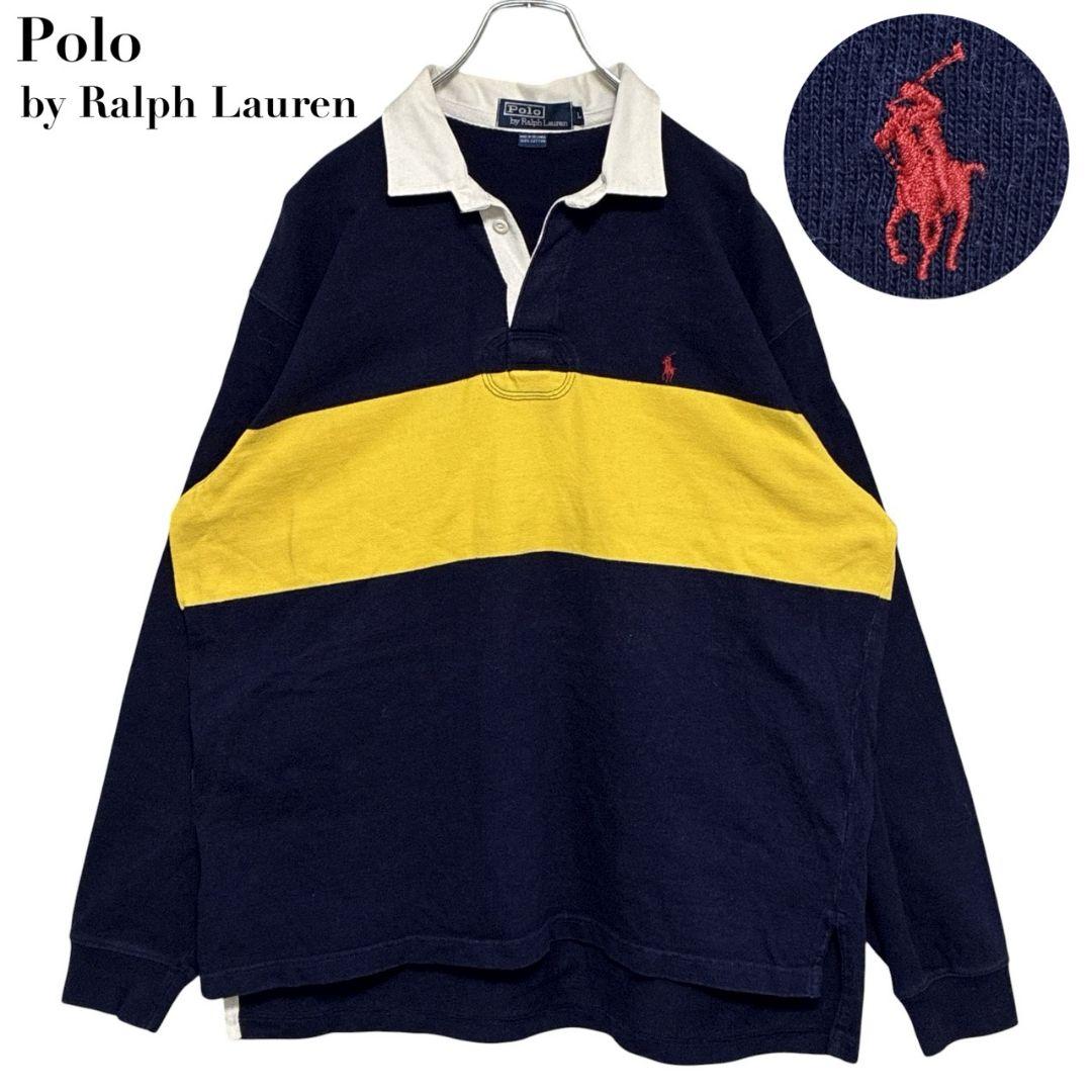 ポロバイラルフローレン ラガーシャツ 刺繍ロゴ ネイビー×イエロー XL相当