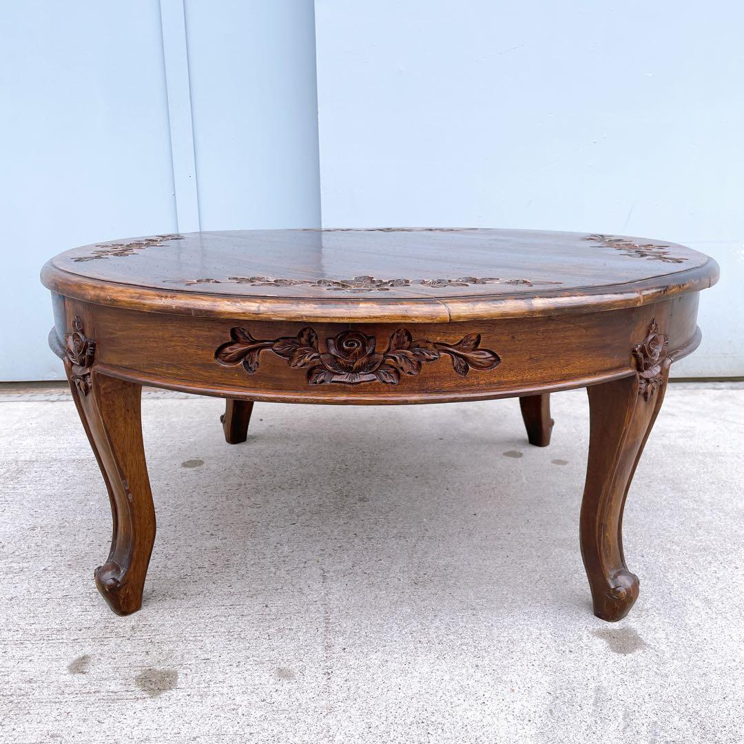 【美品送料込】アンティーク家具 手彫り彫刻 円形テーブル 猫脚