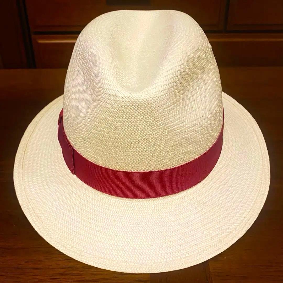 【新品 定価4万円台】ボルサリーノ★高級パナマハット★赤リボン★M/実寸58cm