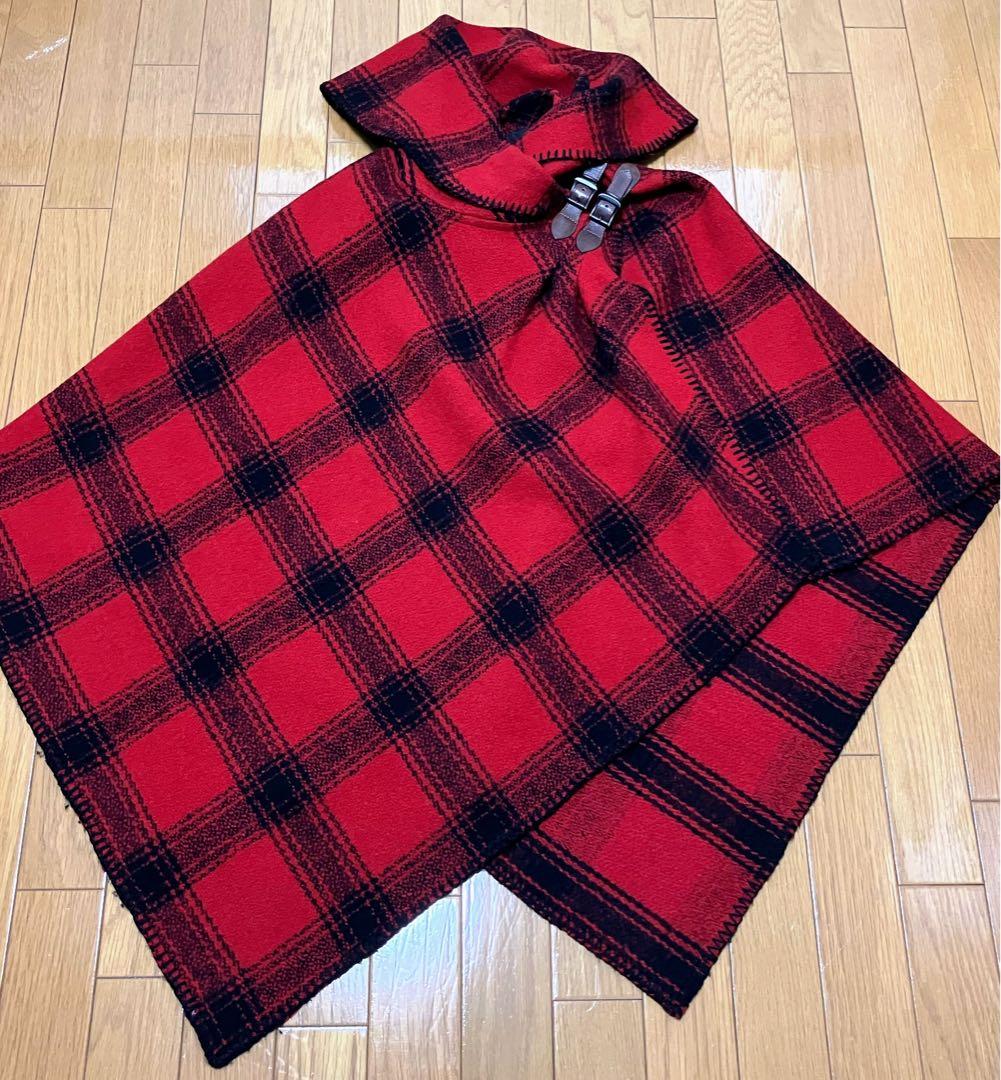 ラルフローレン赤✖️黒のチェックバッファローウールポンチョレディースフリーサイズ