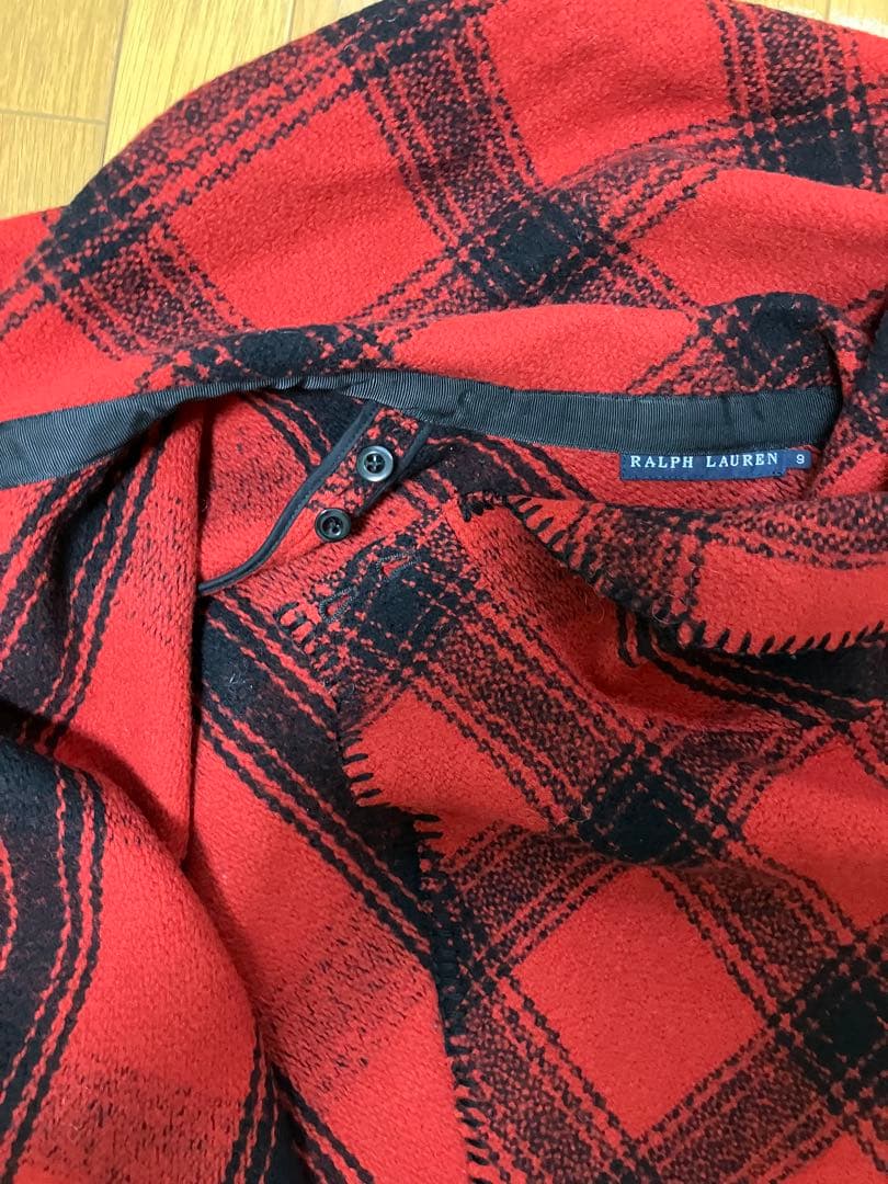 ラルフローレン赤✖️黒のチェックバッファローウールポンチョレディースフリーサイズ