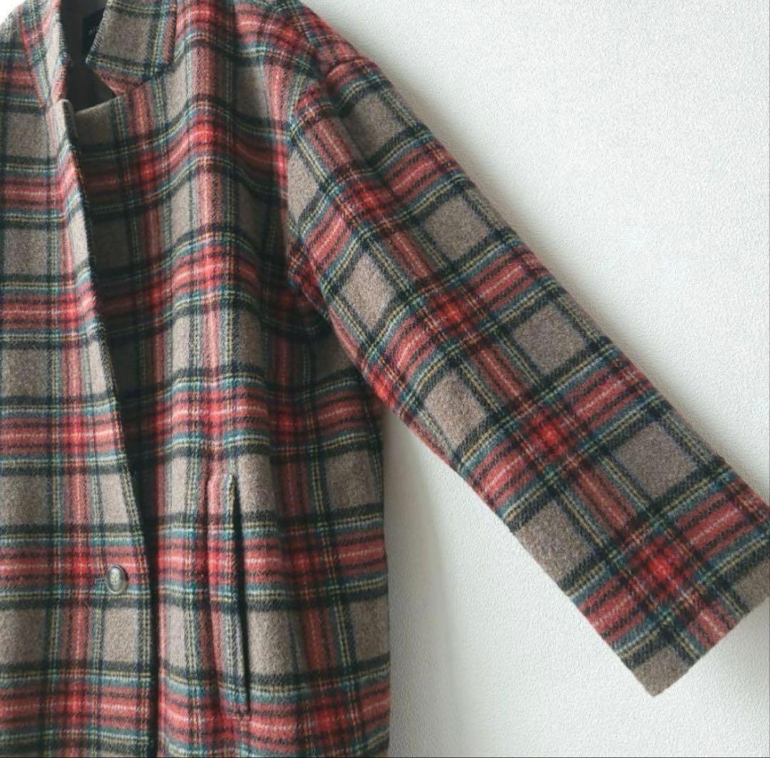 mizuiro ind　チェック柄ロングコート　サイズフリー　ウール混紡