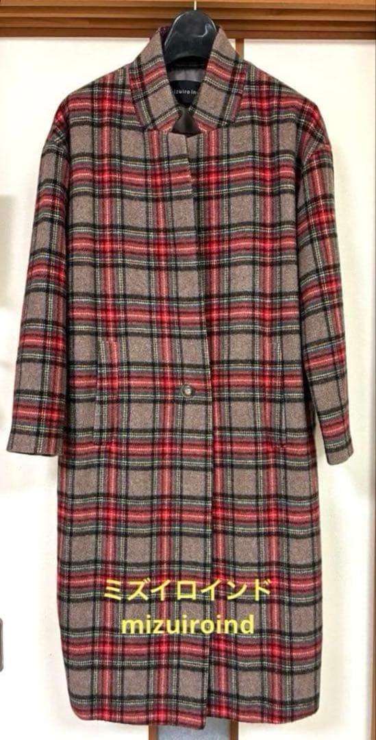 mizuiro ind　チェック柄ロングコート　サイズフリー　ウール混紡