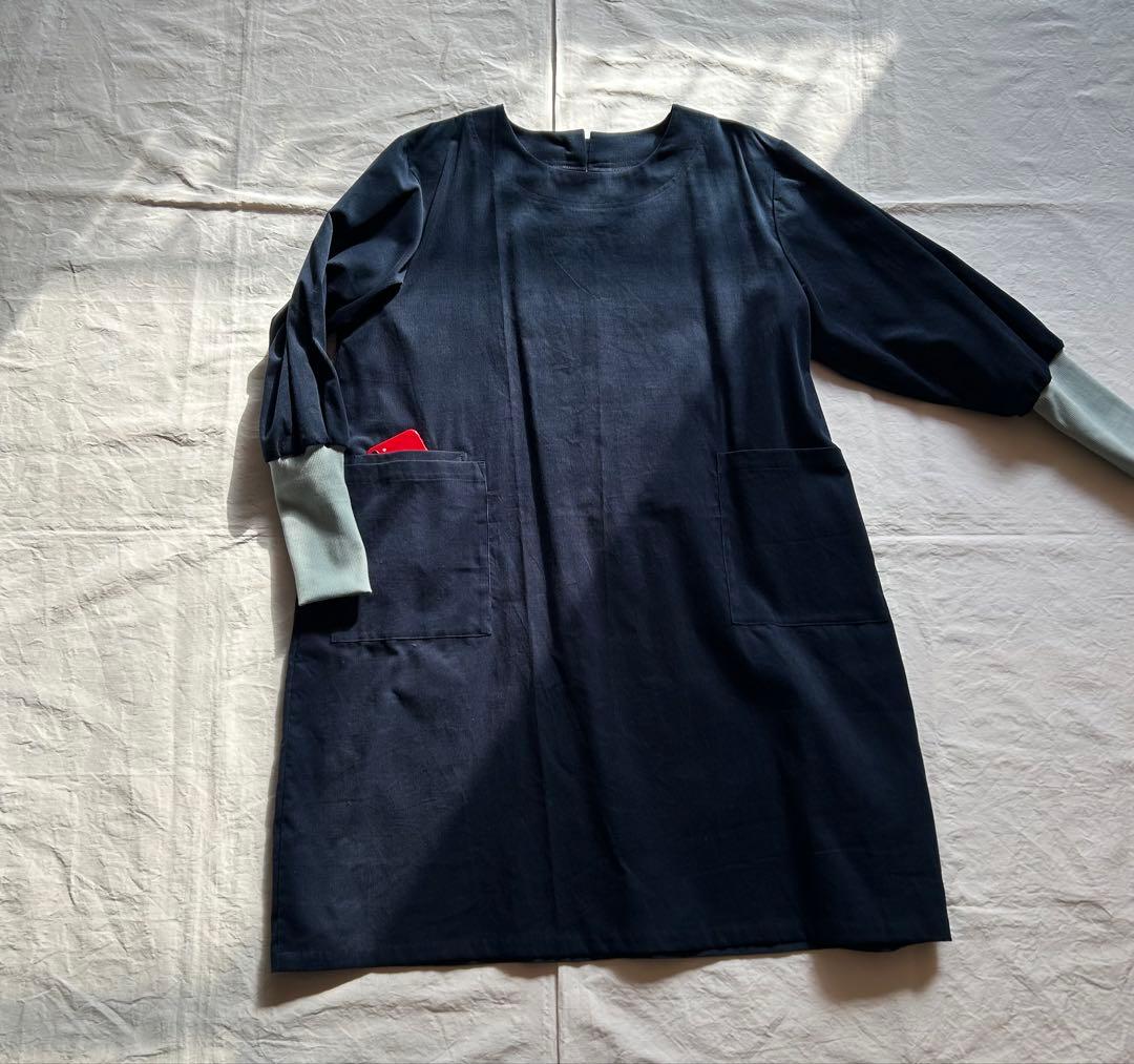 【一点・Chibiさま専用ページ】コットン 100%＊リブ袖口かっぽう着ワンピ