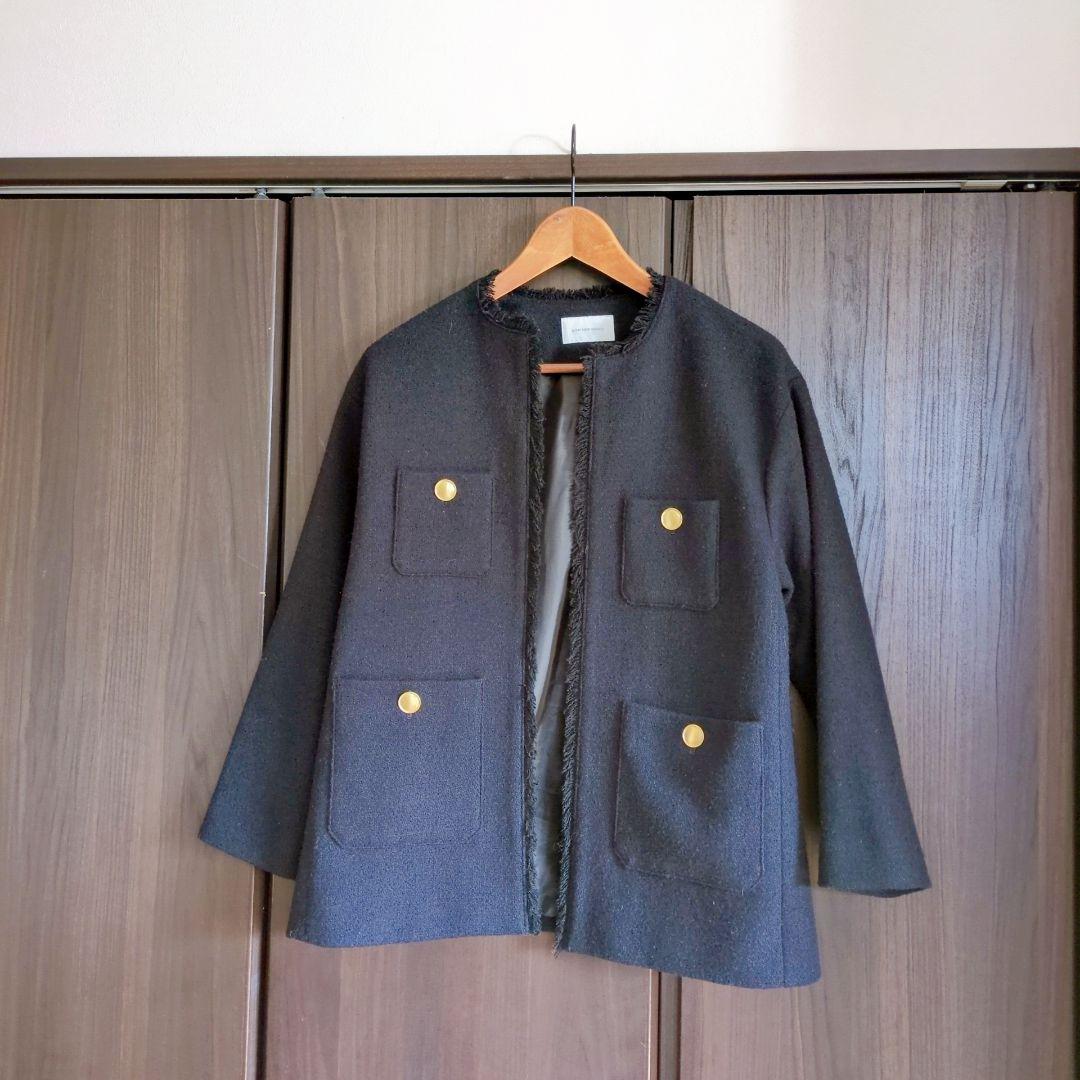green label relaxing　金釦 ノーカラーツイードジャケット　紺