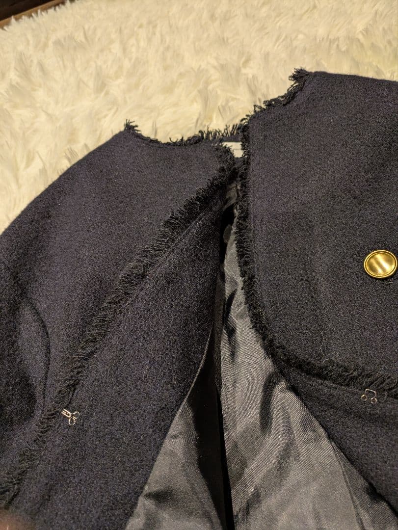 green label relaxing　金釦 ノーカラーツイードジャケット　紺