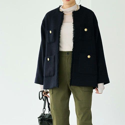 green label relaxing　金釦 ノーカラーツイードジャケット　紺