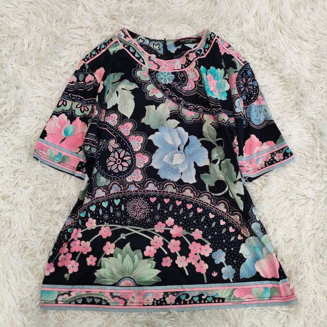レオナール カットソー 黒 ピンク 花柄 プリント 大きいサイズ 42