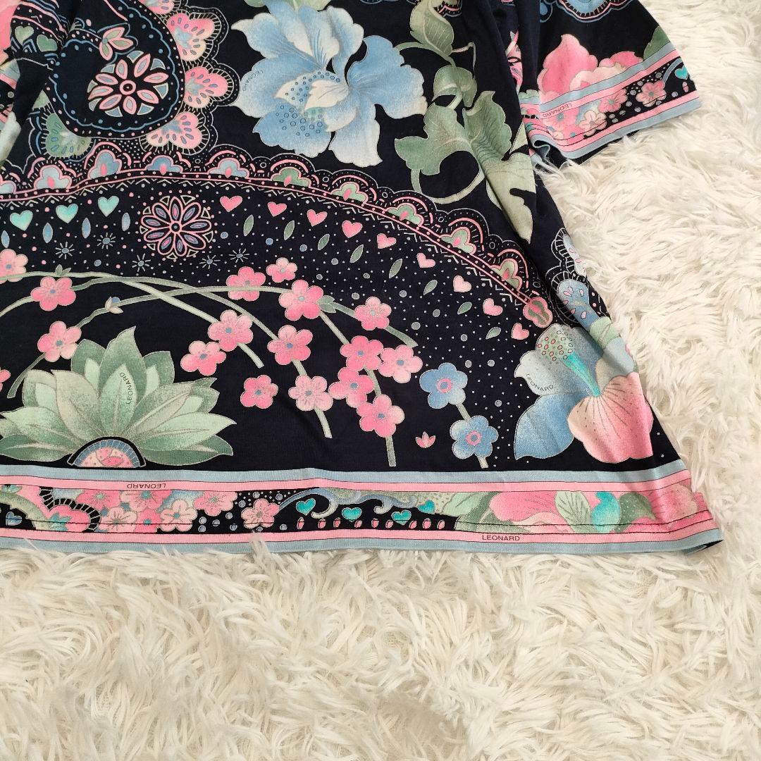 レオナール カットソー 黒 ピンク 花柄 プリント 大きいサイズ 42